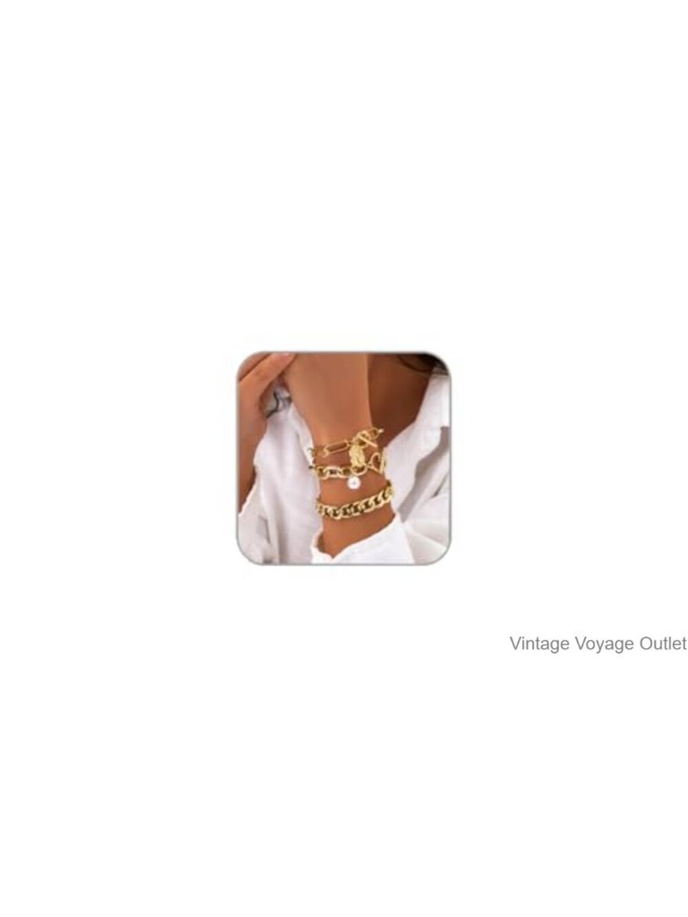 14K Gold Plated Chunky Bracelet Set Stackable Layered Pearl OT Clasp Waterproof